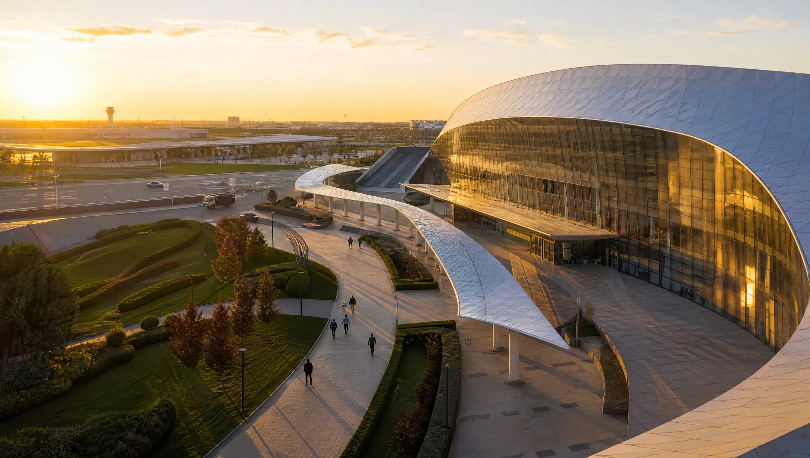 Baku Expo Center and its landscaped arrival route at sunset