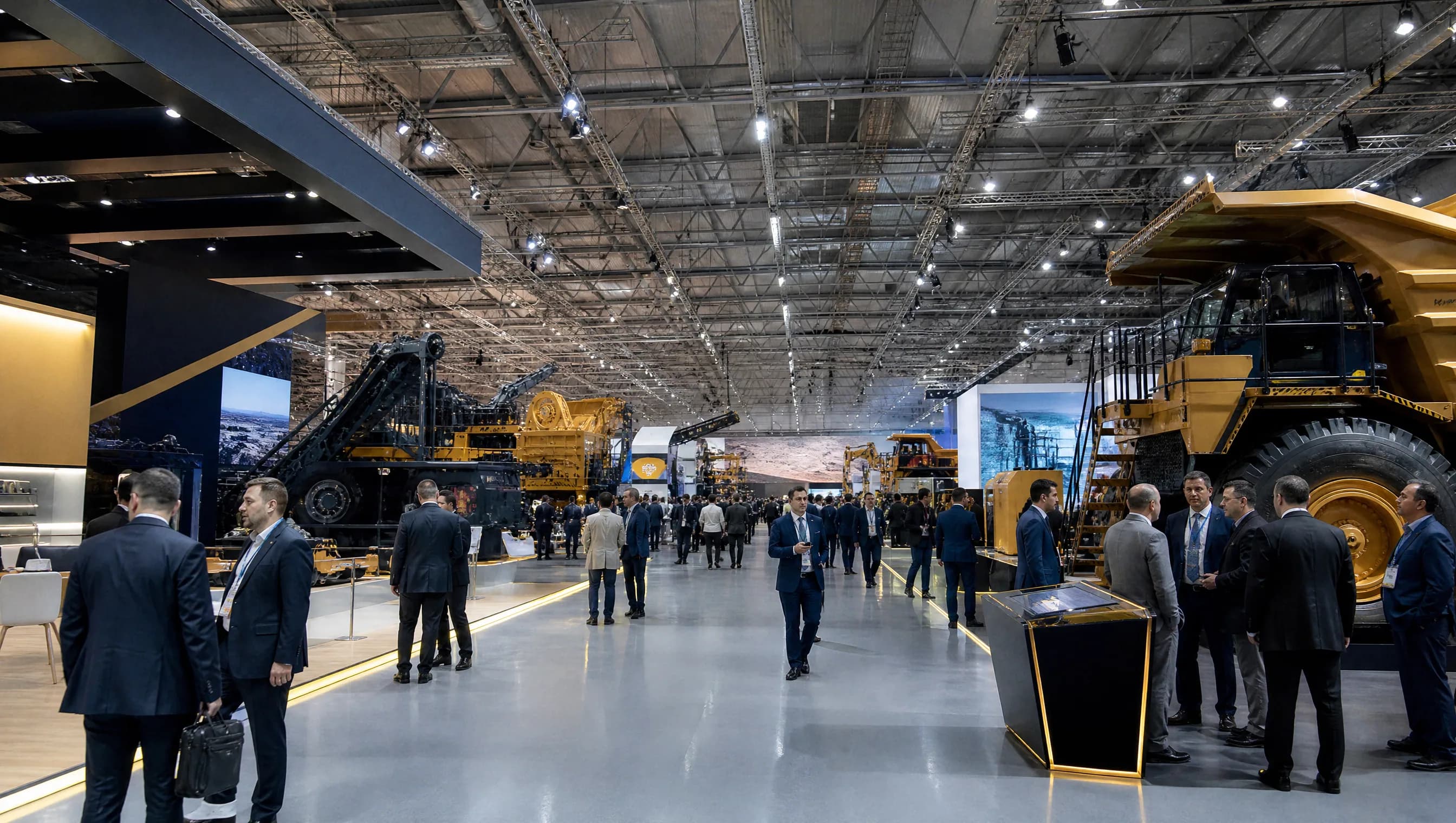 Mining equipment displayed in a spacious exhibition hall